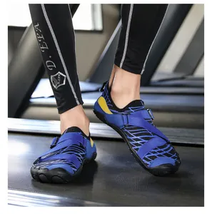 Close-up of quick-dry water shoes on treadmill showing anti-slip sole and breathable mesh