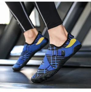 Detail of blue quick-dry water shoes with honeycomb heel and adjustable strap system