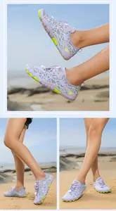Detail of aqua shoes featuring purple mesh, elastic lace buckle and non-slip rubber sole
