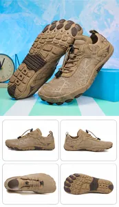 Multi-angle view of khaki water shoes featuring breathable mesh and anti-slip rubber soles