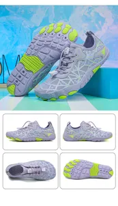 Detail of quick-dry water shoes with five-finger rubber sole and purple mesh upper