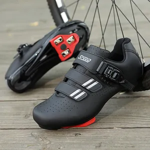 Zapatillas de ciclismo profesionales negras con ventilación y calas rojas para hombre y mujer