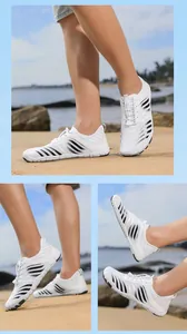 Detailed views of quick-dry white beach shoes with anti-slip rubber soles for outdoor water sports