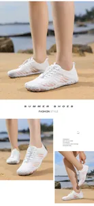 Detail view of anti-slip rubber sole and breathable white mesh of the outdoor water shoes