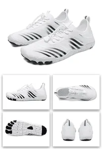 Detail view of white outdoor water shoes featuring quick laces and anti-slip rubber soles