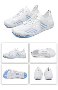 Detailed views of white barefoot water shoes with flexible soles and quick-lace toggles