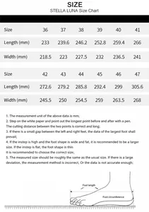 Detailed size chart for water shoes showing EU sizes 36 to 47 and length measurements