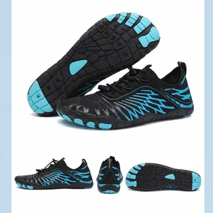 Detail of outdoor water shoes in black and blue with non-slip rubber soles and size 40-47
