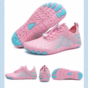Detailed views of pink barefoot water shoes with anti-slip rubber soles and quick-lace system