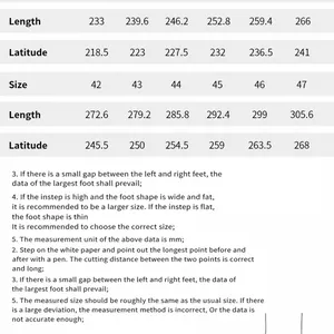 Size chart for outdoor beach shoes with length and width measurements in mm
