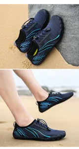 Close-up of blue water shoes featuring breathable mesh and durable rubber outsoles