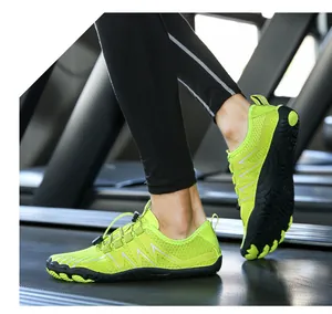 Neon green quick-dry barefoot water shoe shown on treadmill for fitness and gym workout