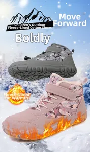 Close-up of winter barefoot boots with fleece lining and stars pattern for kids