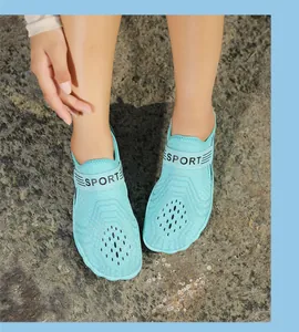 Top view of breathable light blue quick-dry water shoes with honeycomb mesh and drainage holes