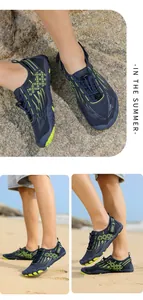 Detail showing non-slip rubber sole and breathable mesh on blue outdoor water shoes