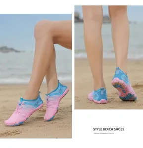 Detail view of blue-pink gradient water shoes with breathable mesh and sport lettering