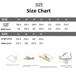Size guide for kids winter boots showing measurement steps and dimensions for sizes 28-38