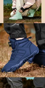 Detail of winter hiking boots with rotating buckle system and warm fleece lining