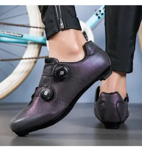 Close-up of professional cycling shoes with gradient chameleon finish and dual dial buckles