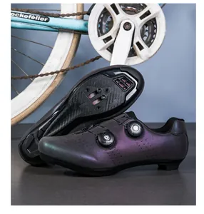 Detail of professional road cycling shoes with dual dial closure and iridescent finish
