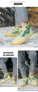 Outdoor shot showing details of warm fleece lining and star pattern on winter boots