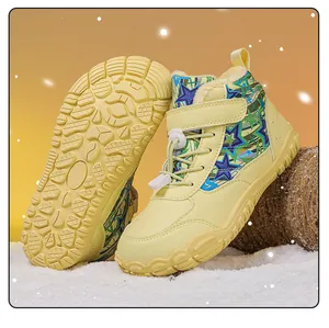 Detail of winter children's barefoot boots with non-slip rubber sole and warm fleece lining