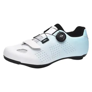 Professionele fietsschoenen in wit en blauw met ventilatiegaten en draaisluiting