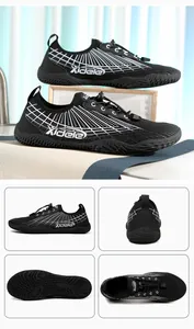 Detail views of black breathable water shoes with non-slip rubber sole and drawstring laces