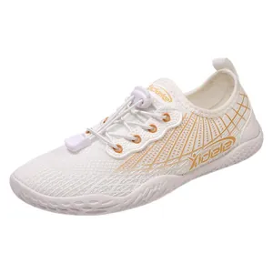 Breathable white water sports shoes with gold accents and quick-lace system for fitness