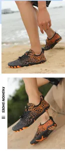 Detail of non-slip rubber sole and leopard print upper on quick-dry water shoes
