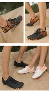 Detail of five-toe water shoes featuring non-slip rubber soles and leopard print patterns
