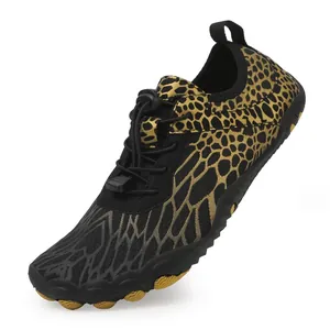 Black and gold leopard print water shoes with non-slip sole and elastic quick-lace system