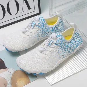 White five-finger water shoes with blue accents and quick-dry mesh for outdoor hiking