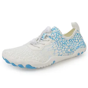 Breathable white and blue five-finger water shoes with anti-slip rubber soles for hiking