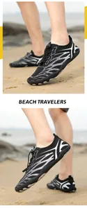 Detail of quick-dry water shoes featuring black zebra stripes and anti-slip rubber soles
