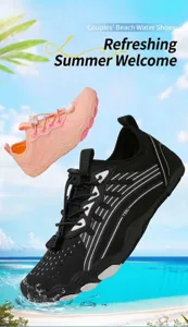 Detailed view of breathable mesh beach shoes with quick-lace system and anti-slip sole