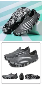 Macro view of breathable mesh outdoor water shoes featuring non-slip camo rubber soles