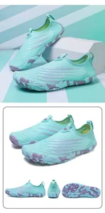 Detail of mint green breathable mesh water shoes with non-slip purple camouflage sole