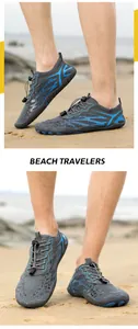 Detail of grey quick-dry water shoes with blue stripes and anti-slip rubber outsole