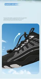 Detail of the quick-release elastic lock buckle on a breathable black hiking shoe