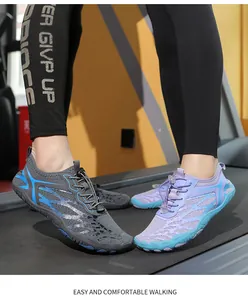 Detail of lightweight quick-dry water shoes on a treadmill showing breathable mesh upper