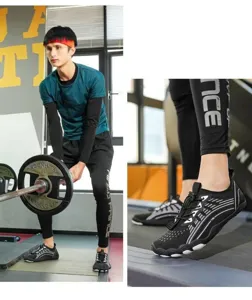 Black barefoot fitness shoes with elastic drawstring laces shown in gym workout setting