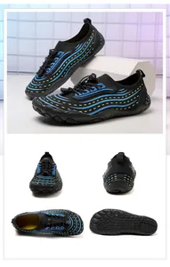 Dettaglio di scarpe da scoglio con sistema di lacci rapidi e motivi a onde blu