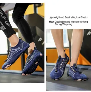 Detail of breathable quick-dry water shoe with anti-slip five-toe rubber sole on treadmill
