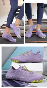 Detail of purple quick-dry water shoes with breathable mesh and anti-slip rubber sole