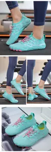 Detail of mint green quick-dry water shoes with breathable mesh and grippy rubber sole