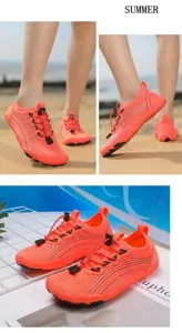 Detail of orange quick-dry water shoes with breathable mesh and anti-slip rubber sole