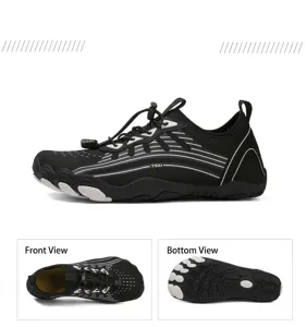 Three-view detail of black quick-dry wading shoes with non-slip rubber soles and drawstrings