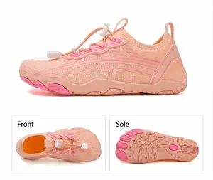 Three-way view of pink water shoes showing side profile, top mesh, and five-toe rubber sole