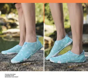 Detailoverzicht van lichtblauwe waterschoenen met camouflagepatroon op rivierstenen